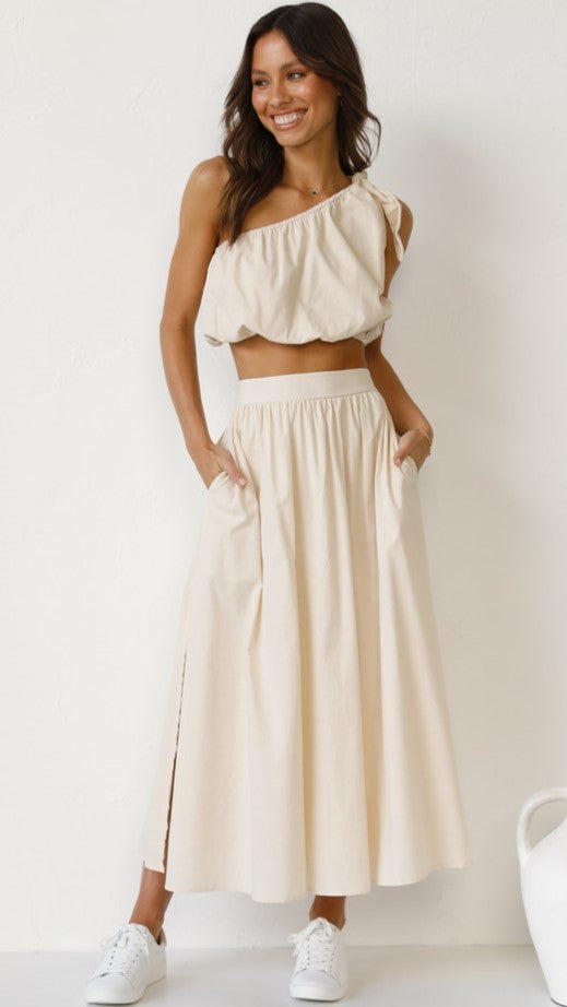 Beige One Shoulder Top and Skirt Sets