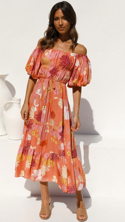 Orange Floral Off Shoulder Dress