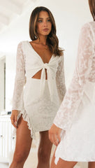 White Front Bowtie Long Sleeves Mini Dress