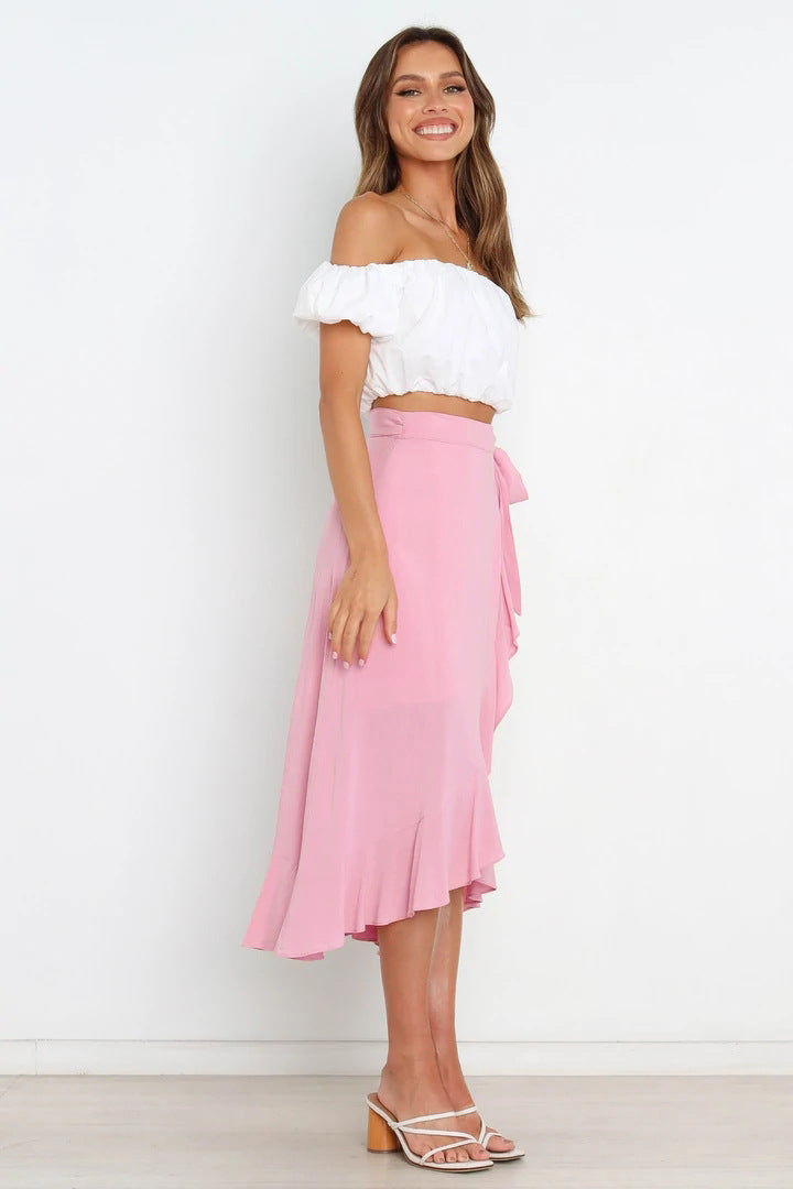 Peach Pink Waist Tie Midi Skirts