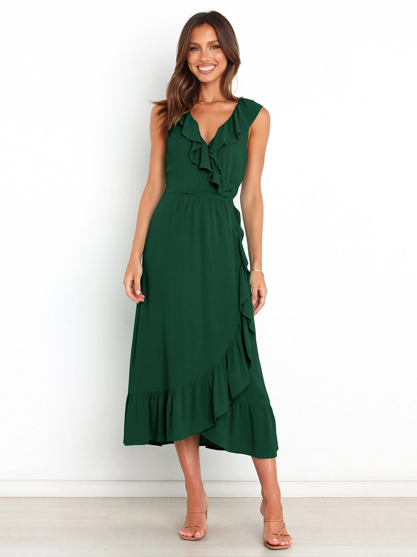 Olive Green Frill Surplice Midi Dress