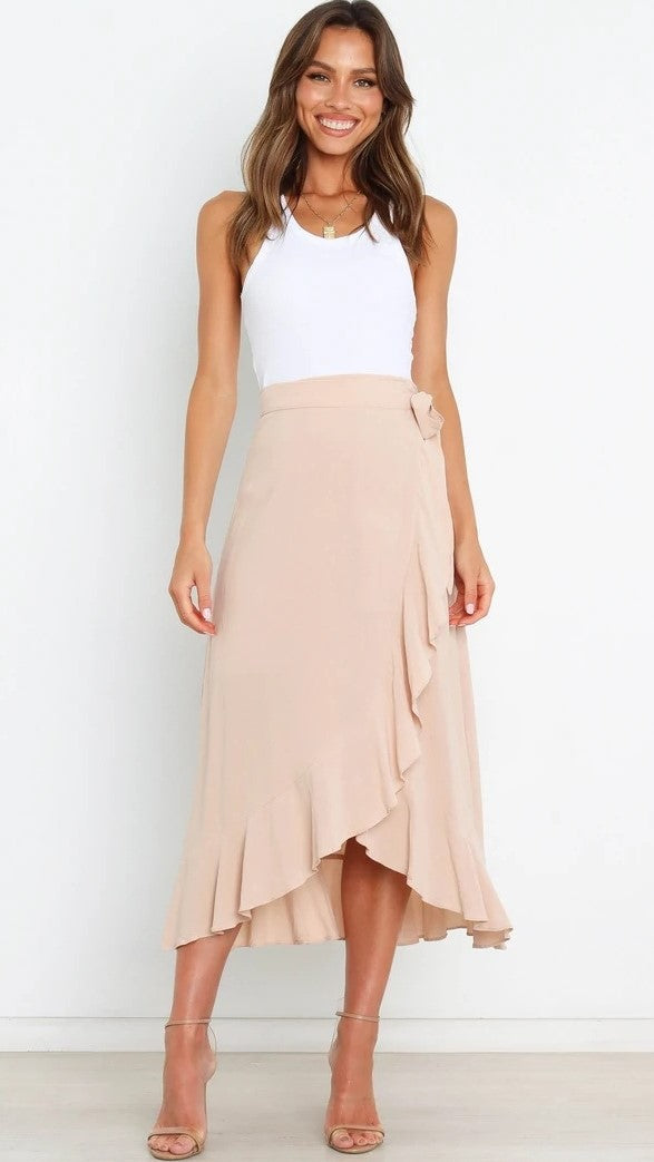 Beige Waist Tie Midi Skirts