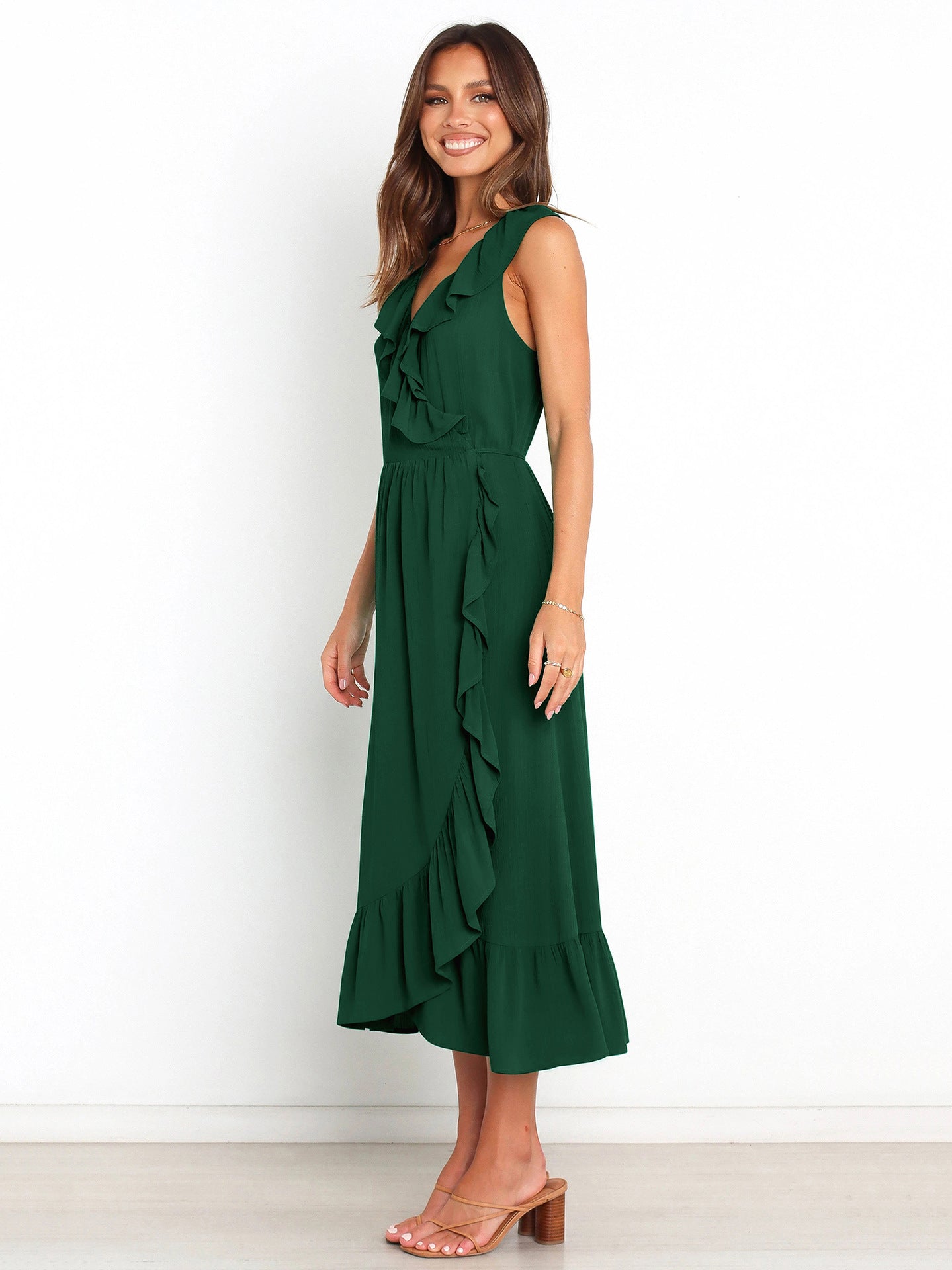 Olive Green Frill Surplice Midi Dress