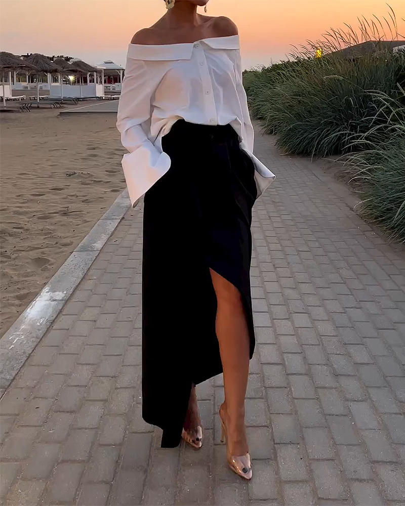 Long Sleeve Off Shoulder Top Skirt Two Piece Suit