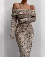 Sexy off-the-shoulder long-sleeved slim-fit sparkly dress
