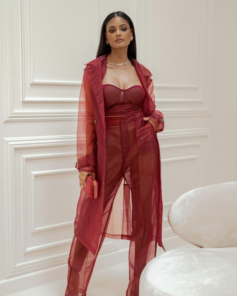 Red sexy lapel top chest see-through three-piece set