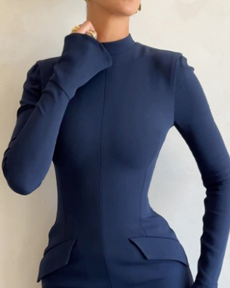 Long sleeve slim solid color short dress