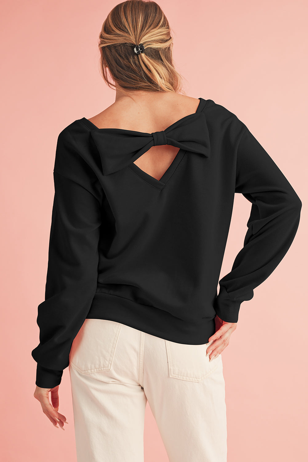 Black Bowknot Plain Round Neck Sweatshirt