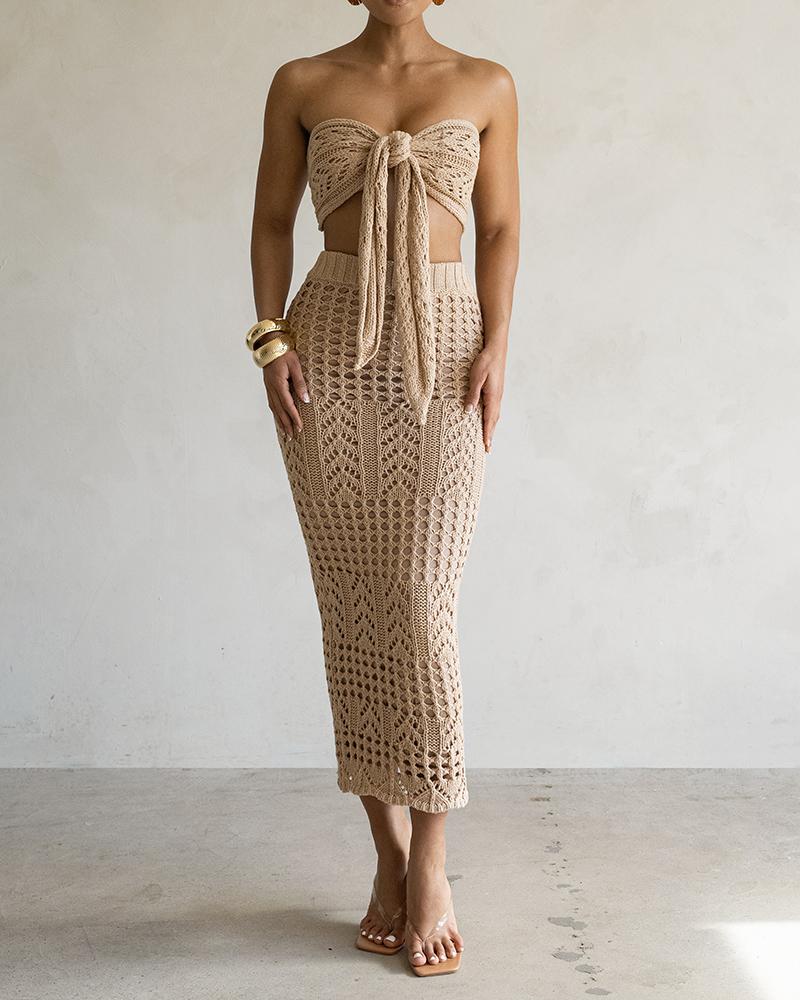 Khaki Knit Bandeau Sweater Skirt Set