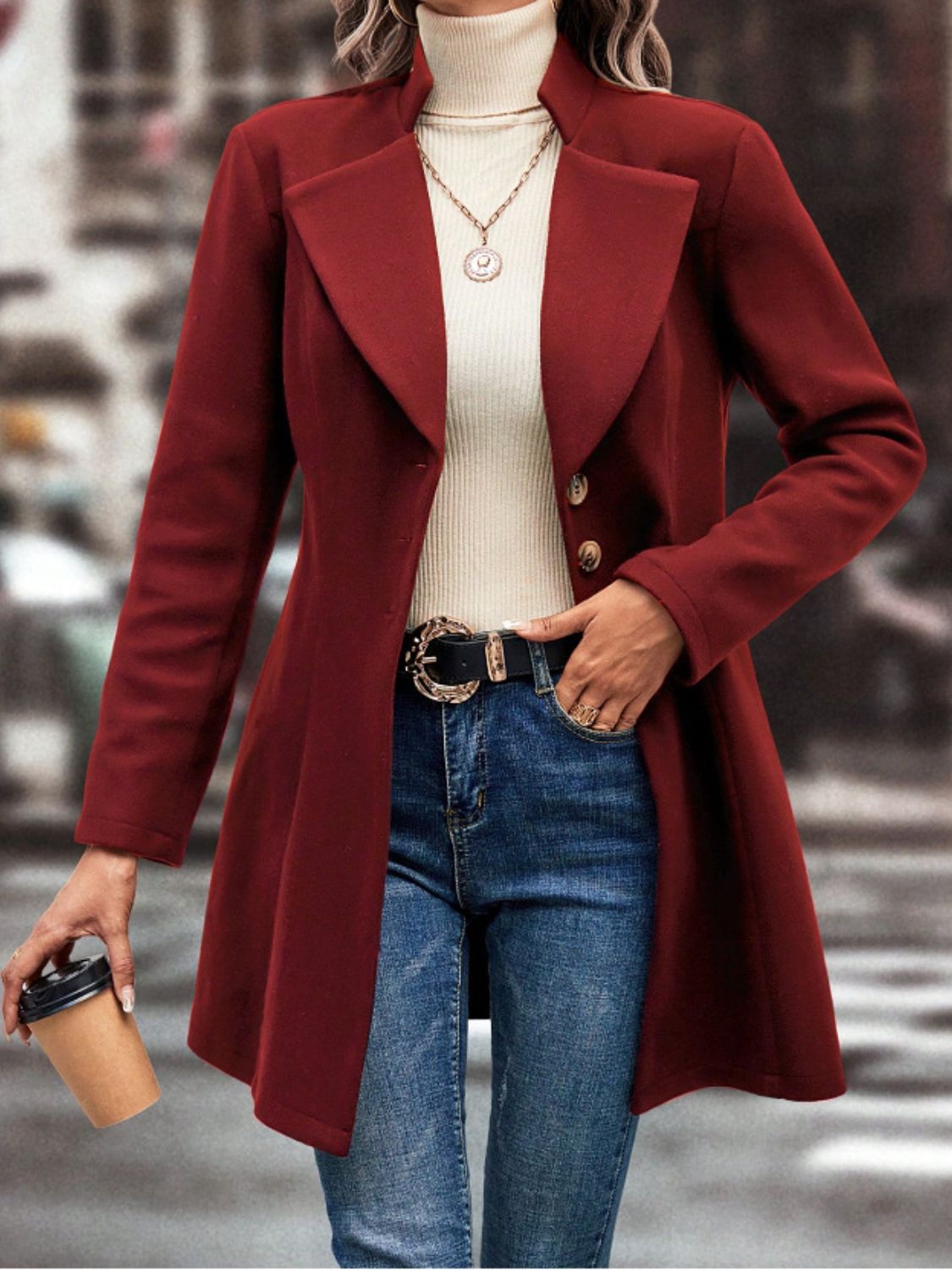 Collared Neck Button Up Long Sleeve Coat