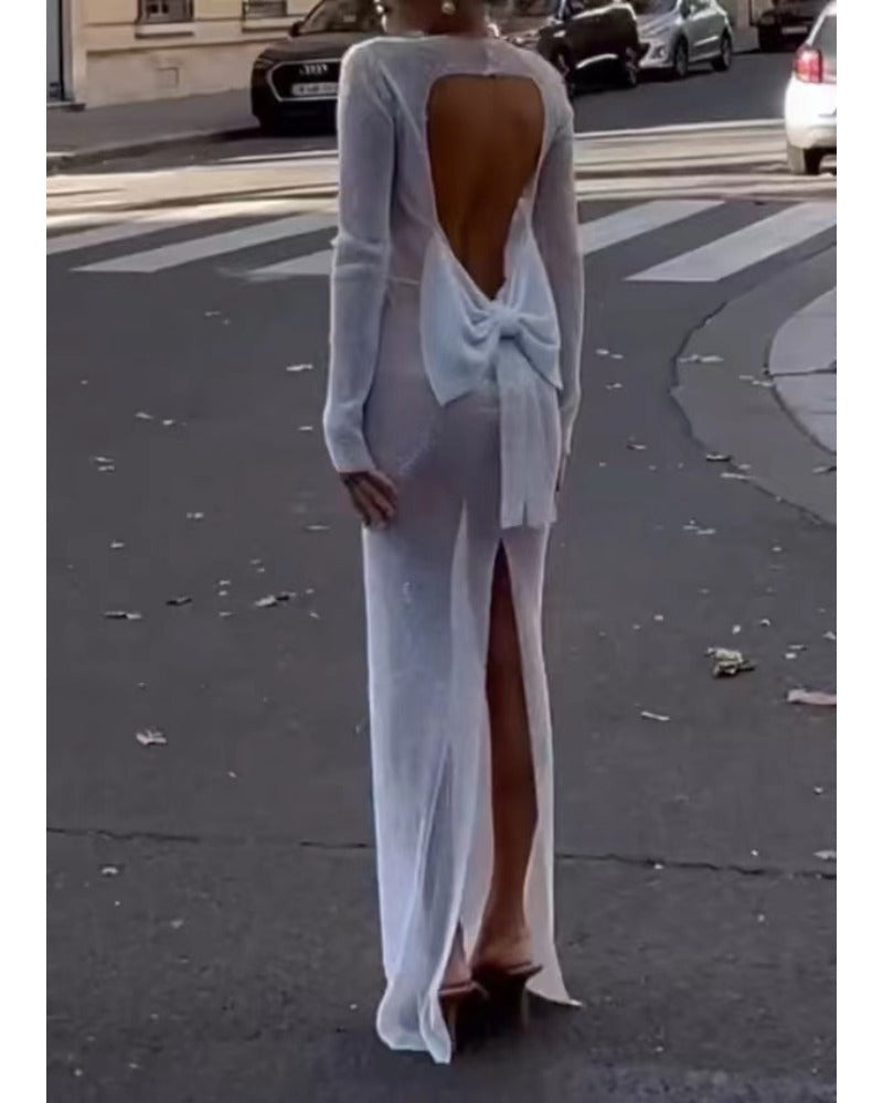 Sexy backless see-through with big bow   dress