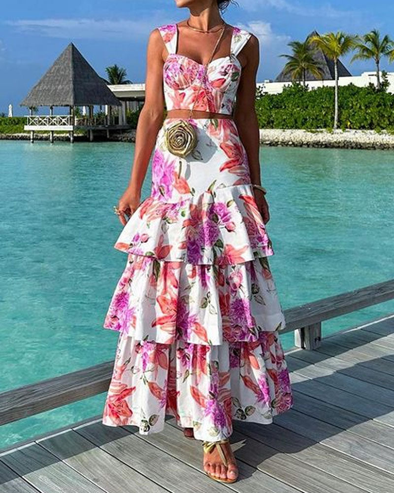 Fashionable Vacation Printed Vest & Skirt Two-piece Set