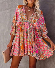 V-Neck Tribal Print Ruched Swing Dress