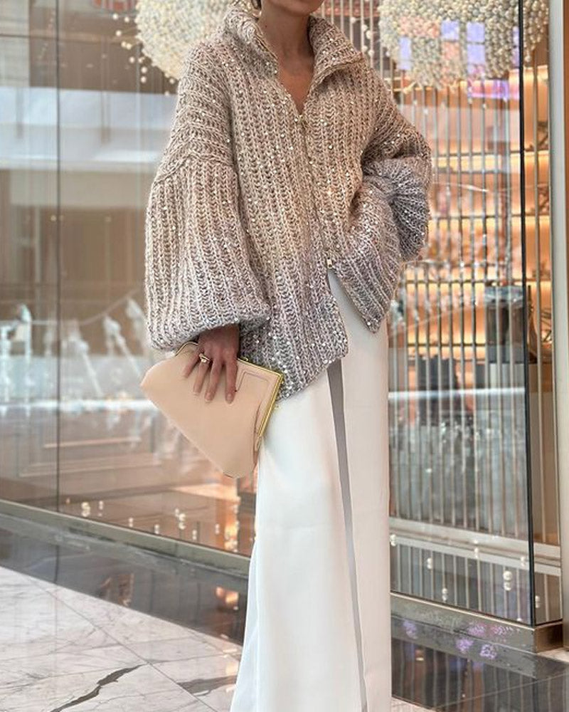 Solid Color Knitted Sequined Sweater Jacket & Suit Pants Two-piece Set