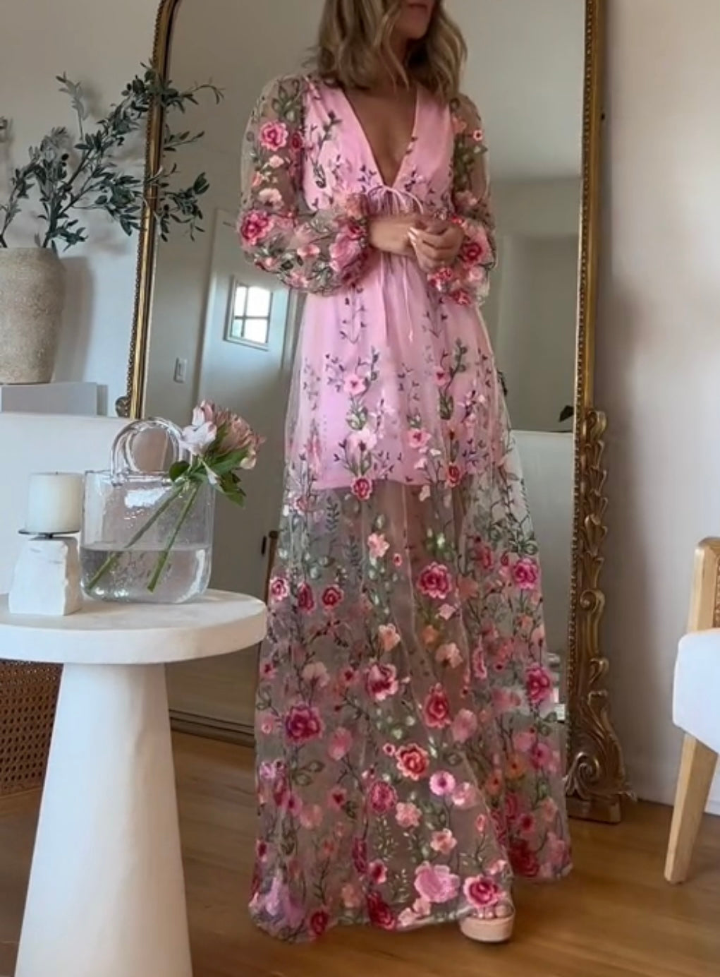 Pink Floral Deep V sexy long-sleeved dress