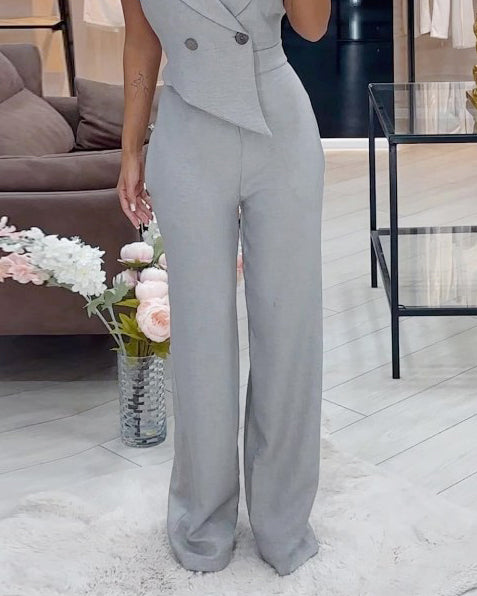 Lapel collar solid color jumpsuit suit