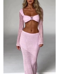 Pink Knitted Long Sleeve Long Skirt Set