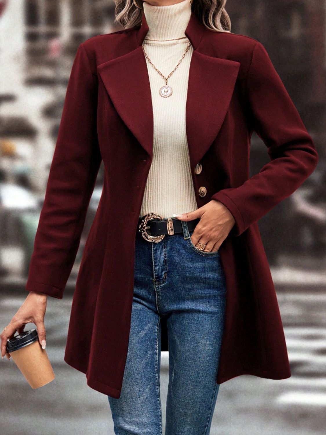 Collared Neck Button Up Long Sleeve Coat