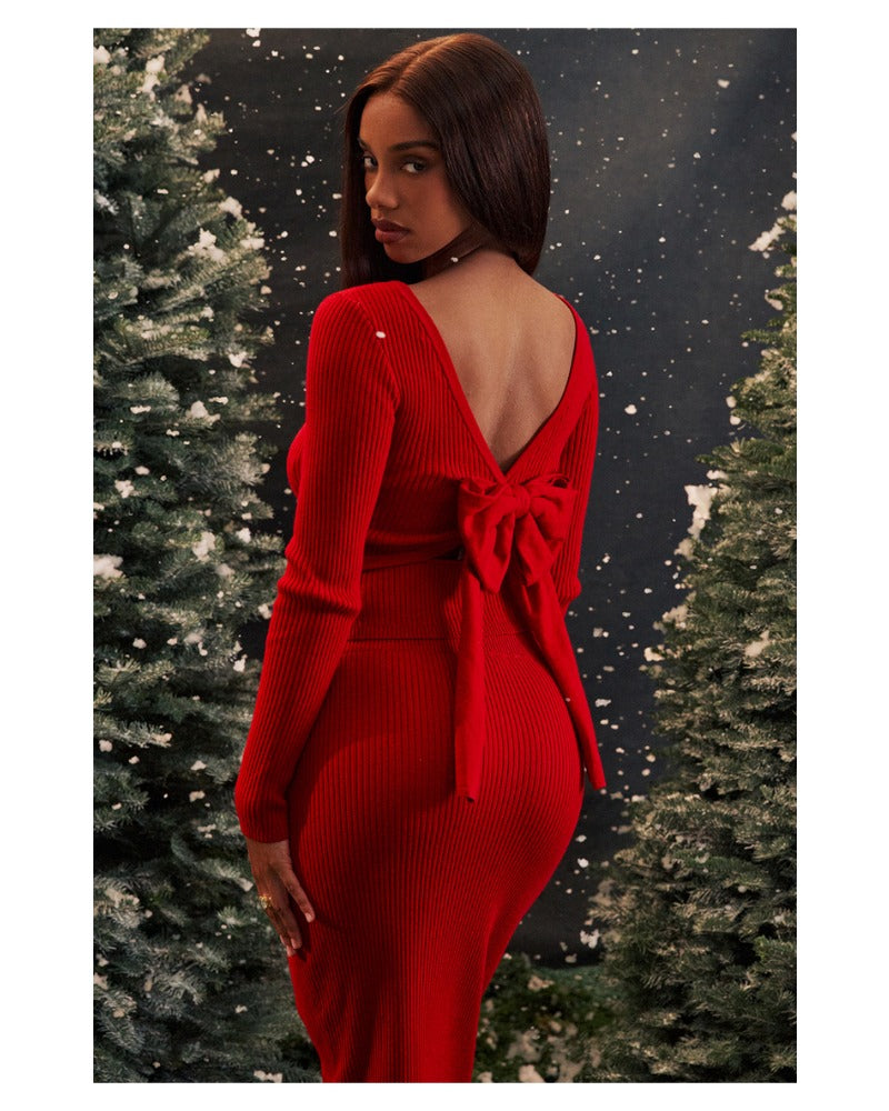 Red sexy bow halter suit skirt dress