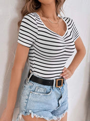 Striped V-Neck Short Sleeve T-Shirt