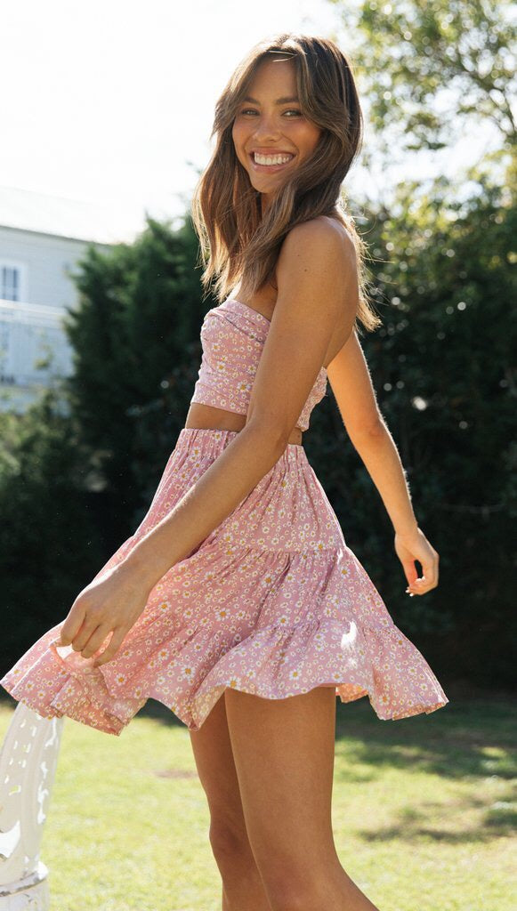 Pink Floral Crop Top and Skirt Sets