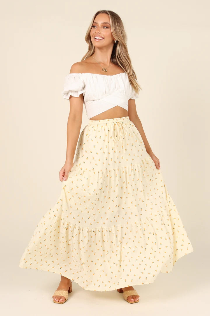 Pastel Yellow Floral Withdraw Maxi Skirts