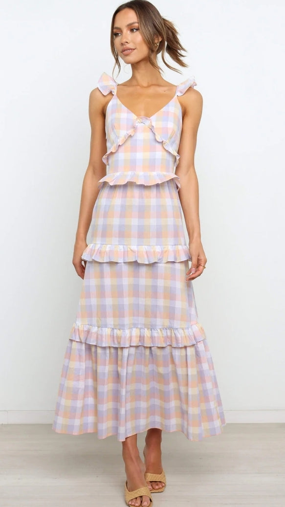 Violet Plaid Tiered Sleeveless Midi Dress