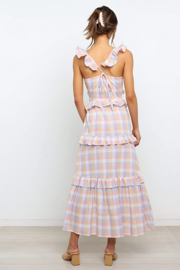 Violet Plaid Tiered Sleeveless Midi Dress