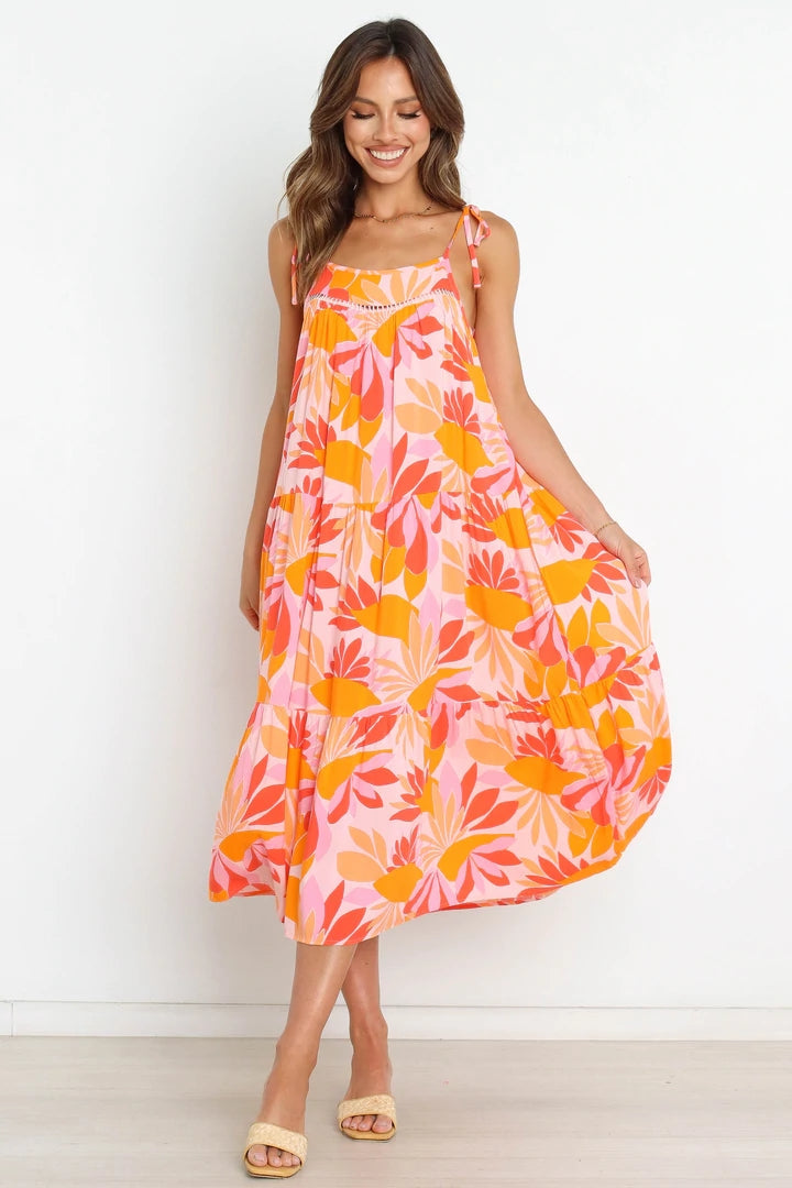 Orange Floral Slip Midi Dress