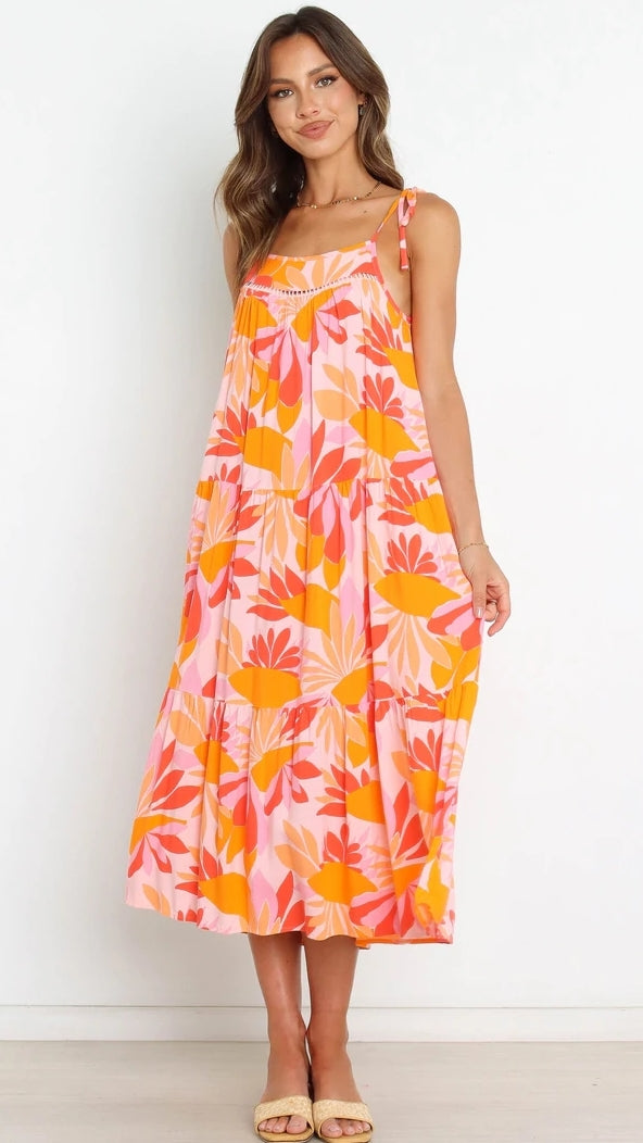 Orange Floral Slip Midi Dress