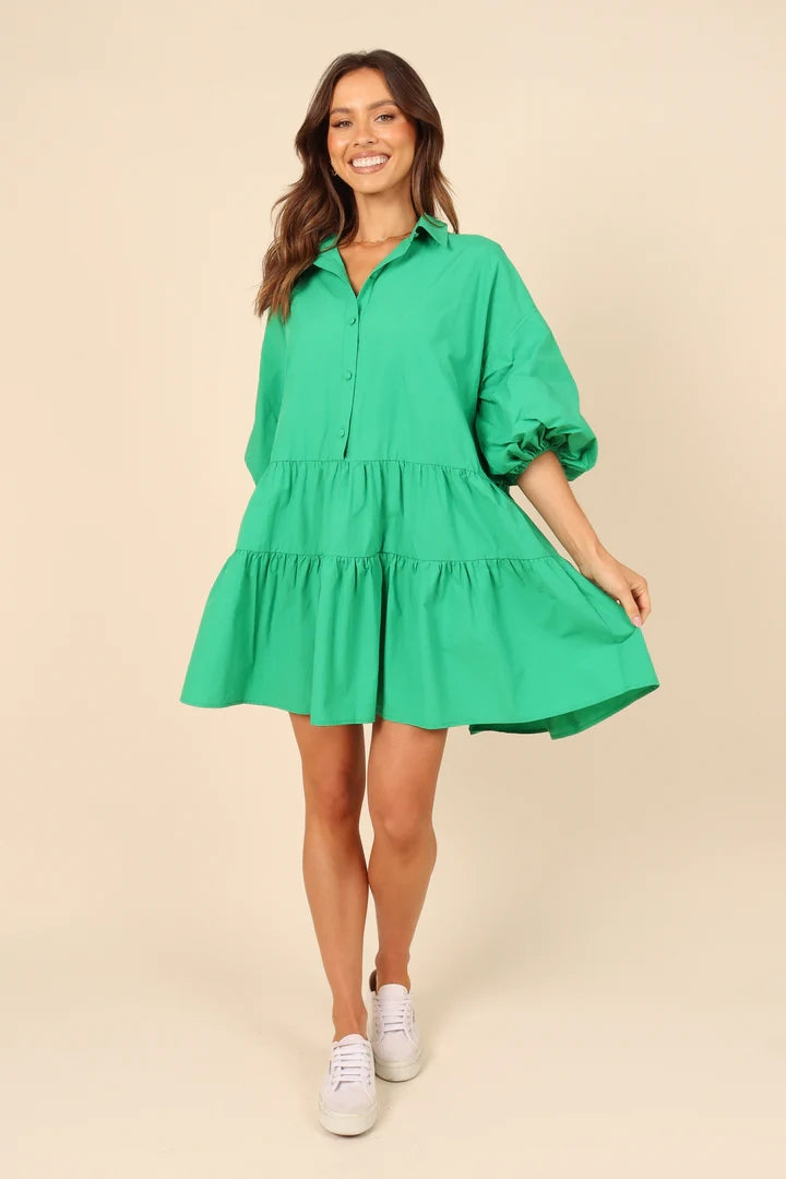 Green Solid Button Down Shirt Dress