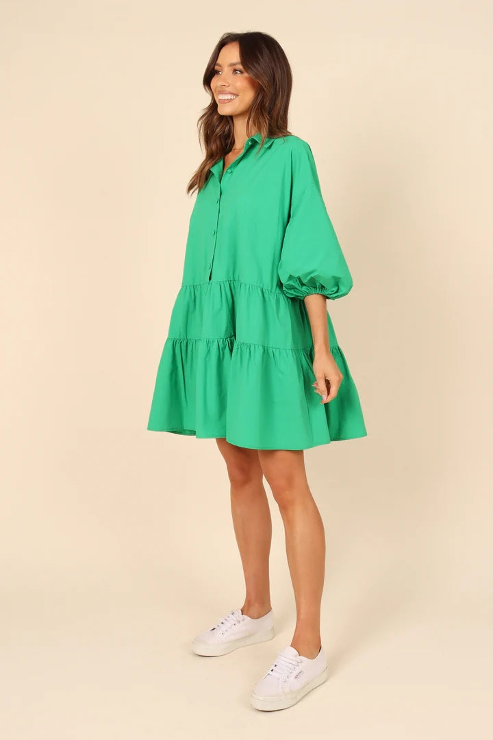 Green Solid Button Down Shirt Dress