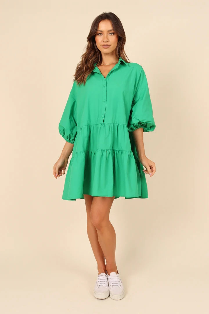 Green Solid Button Down Shirt Dress