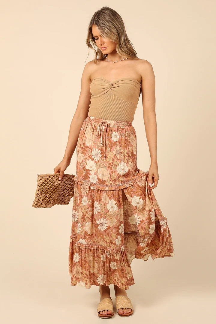 Brown Floral Midi Skirts